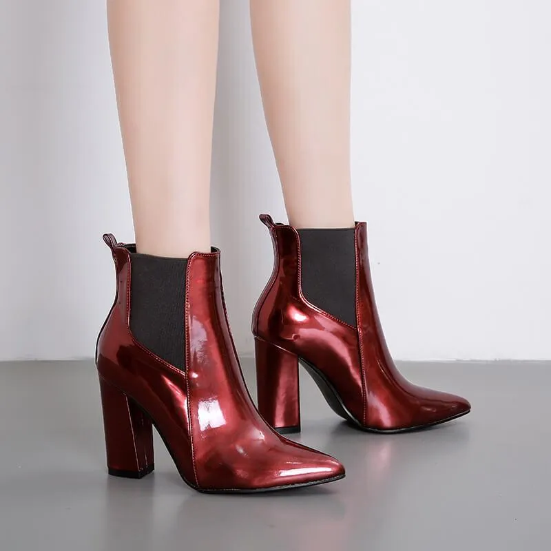 Chunky Heel Patent Leather Chelsea Boots