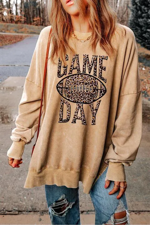 Slit Detail Khaki Football Game Day Sweatshirt