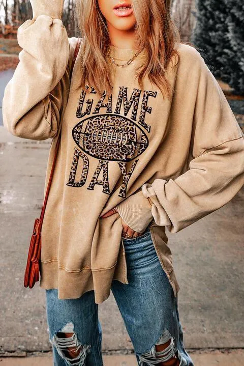 Slit Detail Khaki Football Game Day Sweatshirt